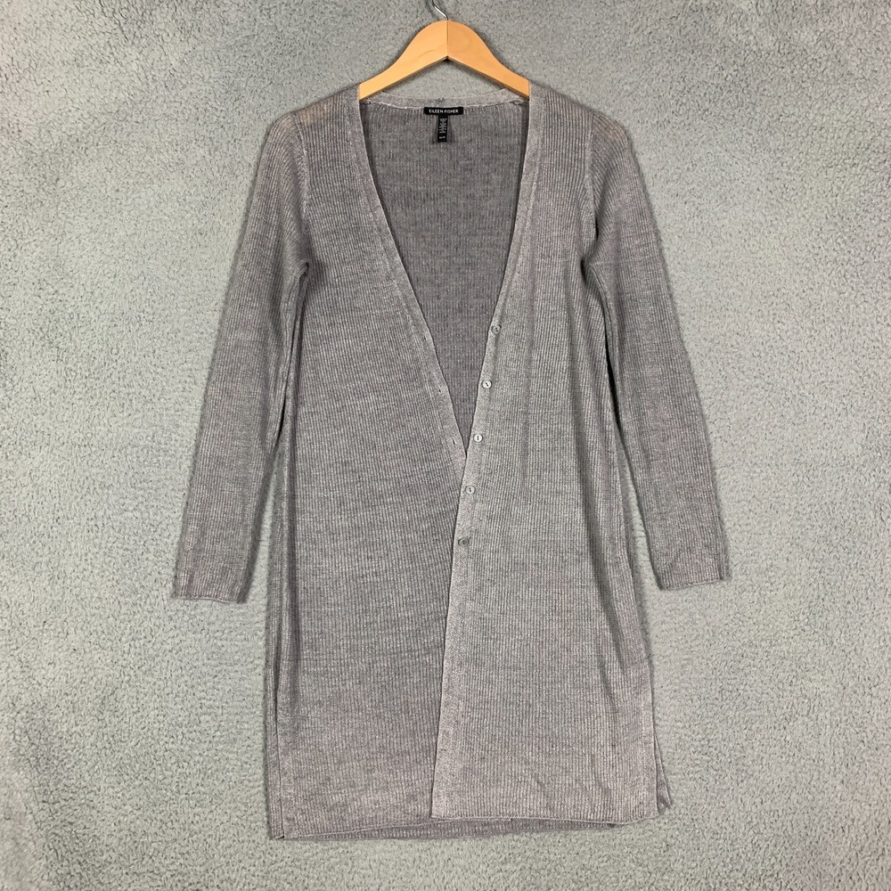 Eileen Fisher Long Cardigan Women's XS Gray Organic Linen Button Up Italian Yarn